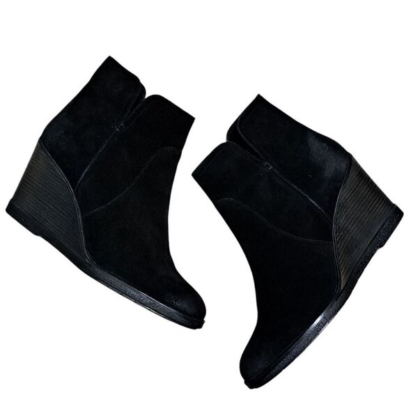Kenneth Cole Reaction Dot-Ation Leather Suede Wedge Ankle Bootie Sz 11 Black - Picture 12 of 16